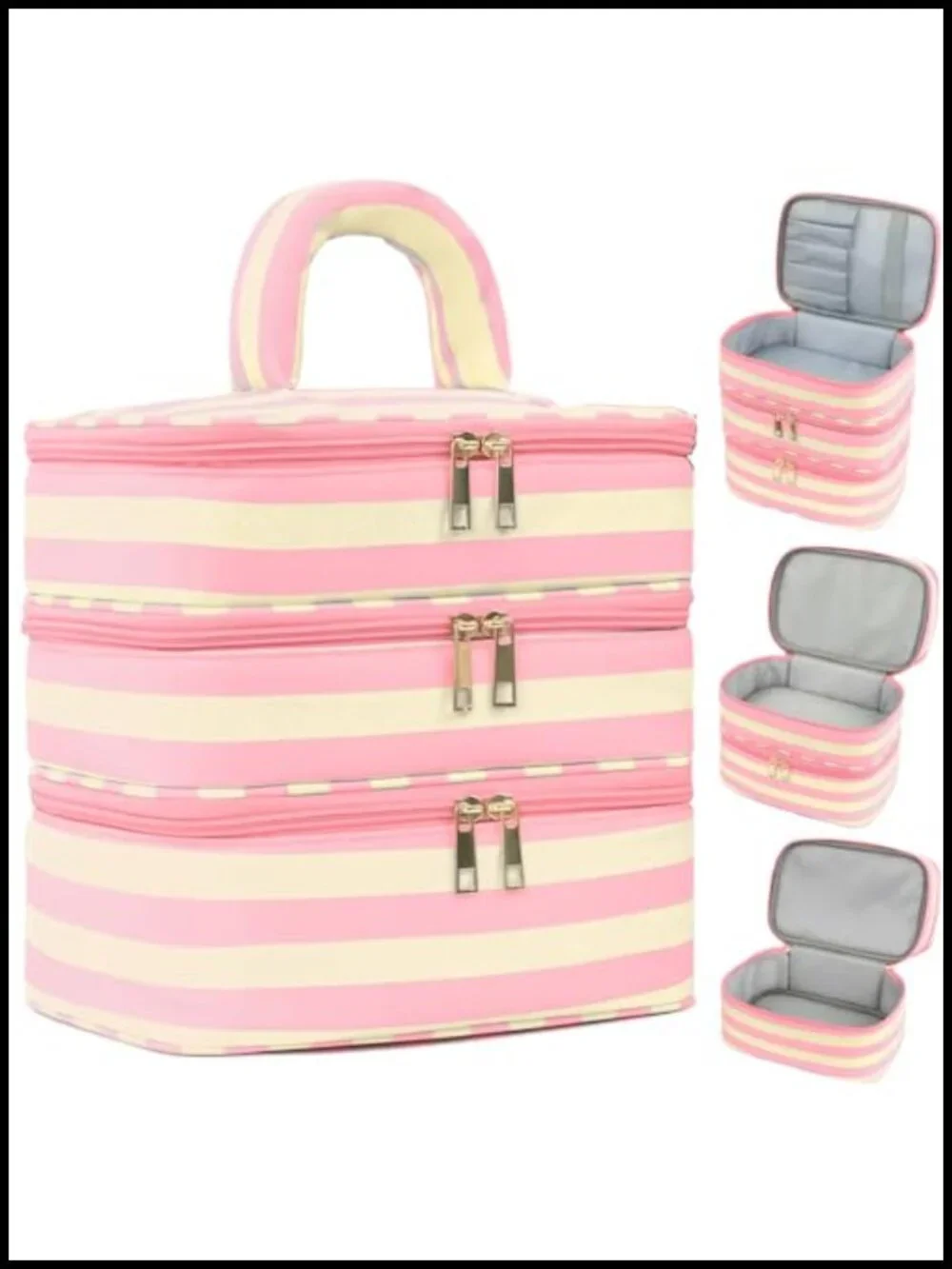 Three Layer Striped Cosmetic Bag Water-Resistant Travel Toiletry Organizer